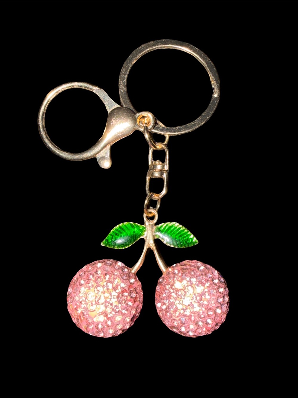 Pink Crystal Cherry Keychain with Green Enamel Leaves